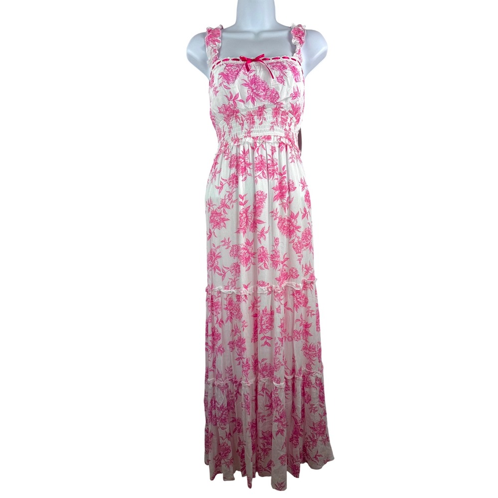 Inspired Hearts Maxi Dress sz L Pink White Floral Smocked coquette girl Y2K 90s